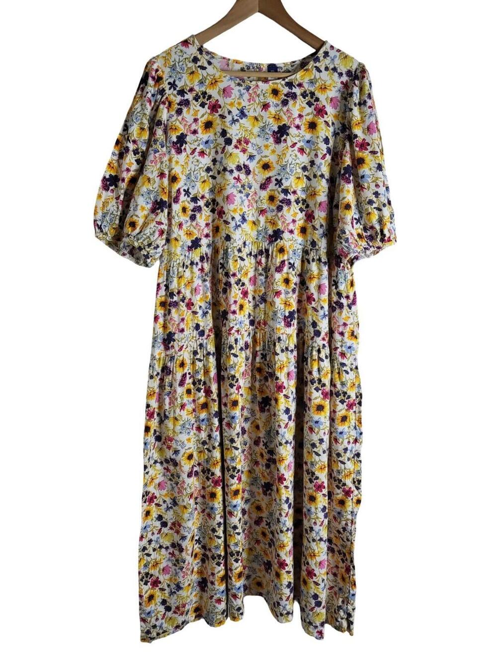 Old Navy Puff Sleeve Floral Print All Day Midi Swing Dress Peasant Style Size XL